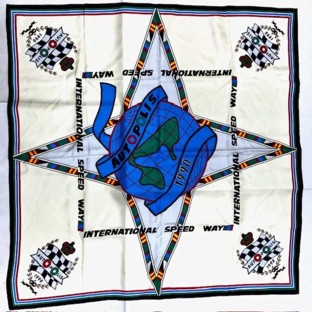 Unused-Vgt 1990 Auto Polis International Speed Way Scarf, 100% silk 35x35